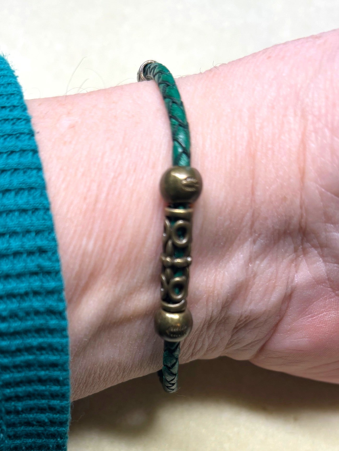 BR-0112 Mystic Aura Quartz Beads with Forest Green Leather Band