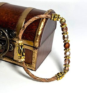 BR-0114 Gold, Tan & Copper Czech Beads with a Tan Mozaic Leather Strap