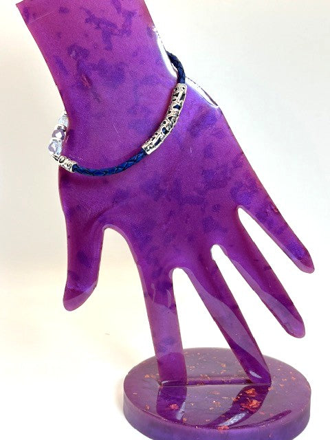 BR-0116 Lavender & Blue Czech Fire Polish Beaded Bracelet on a Royal Blue Leather Strap