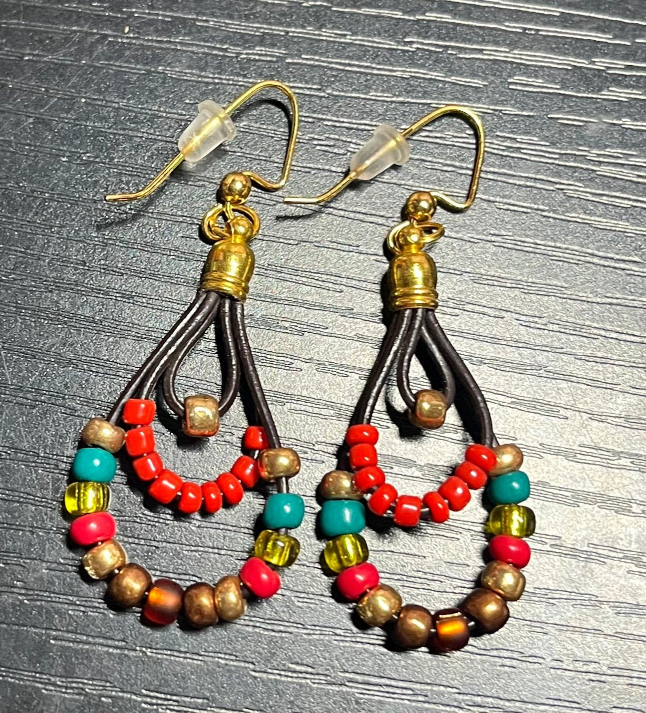 ER-0051 Multi-colored Beads on Coffee Leather