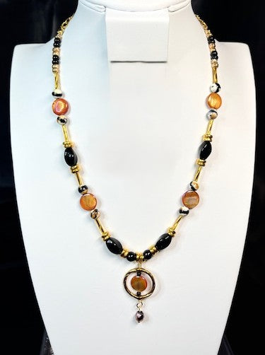 NE-0055 Sophisticated Granite Beaded White, Black, and Burnt-Orange Necklace