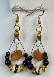 ER-0055 Eye-Catching Black & White Granite and Burnt-Orange Shell Beaded Earrings