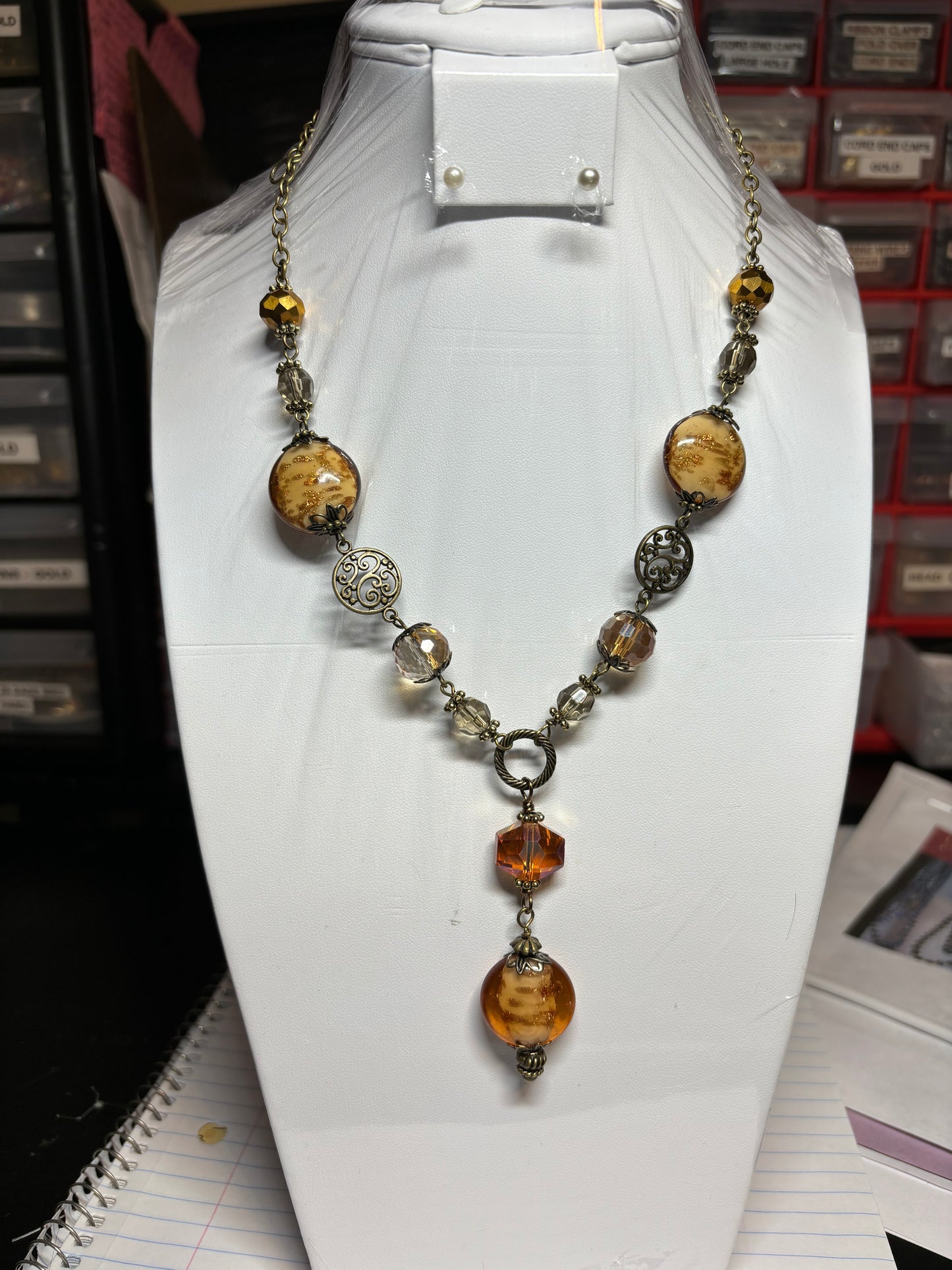 NE-0053 Amber & Copper Beaded Design with Bronze Detailing