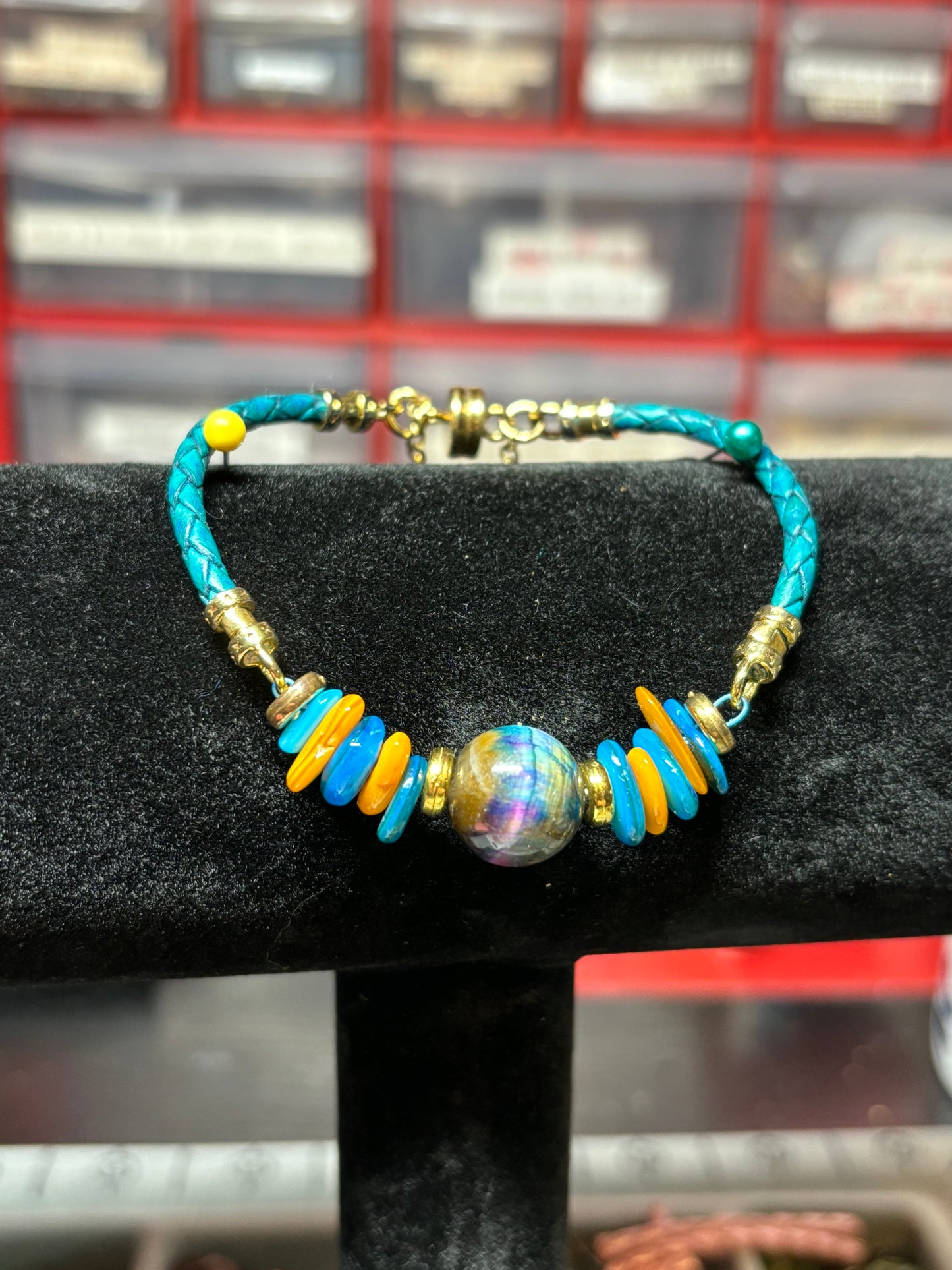 BR-0051 Vibrant Turquoise and Gold Galaxy Tiger Eye & Braided Leather Bracelet