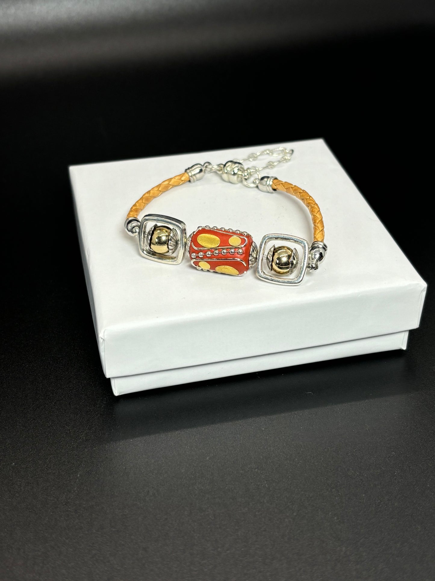 BR-0066 Rust-colored Clay Bead with Gold Leather Straps and Magnet Closure
