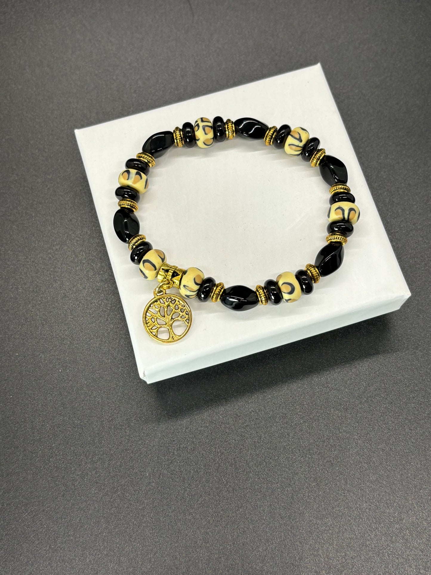 BR-0059 Leopard and Black Stretch Bracelet with Charm