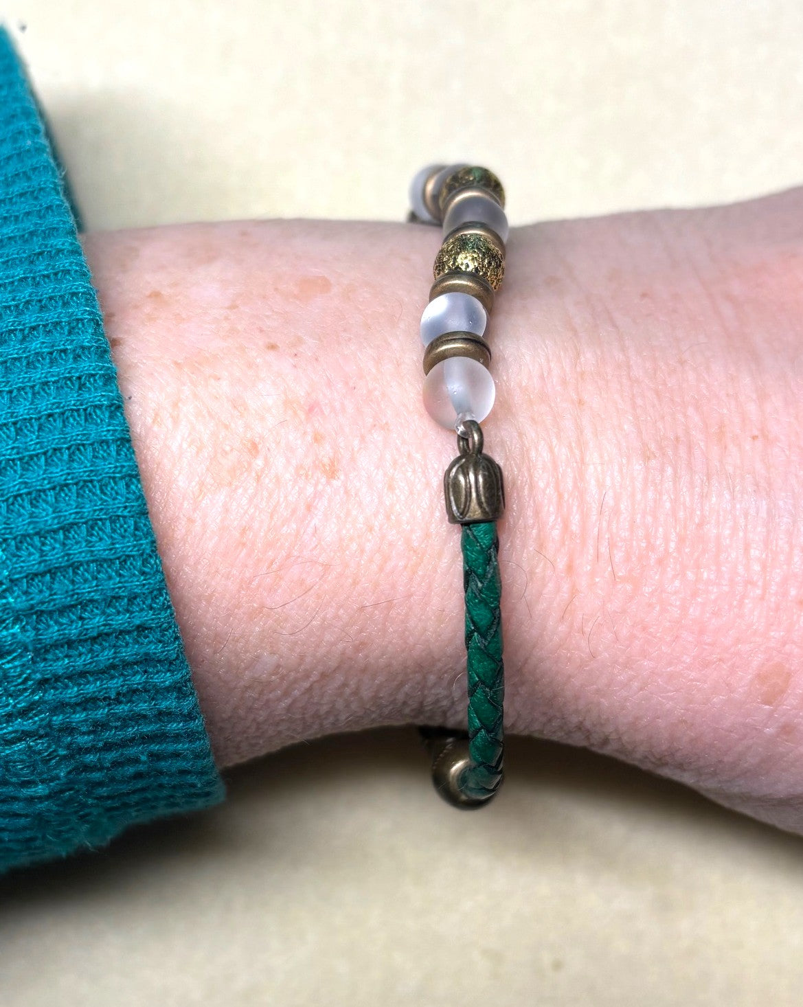 BR-0112 Mystic Aura Quartz Beads with Forest Green Leather Band