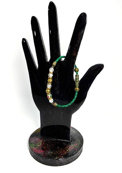 BR-0112 Mystic Aura Quartz Beads with Forest Green Leather Band
