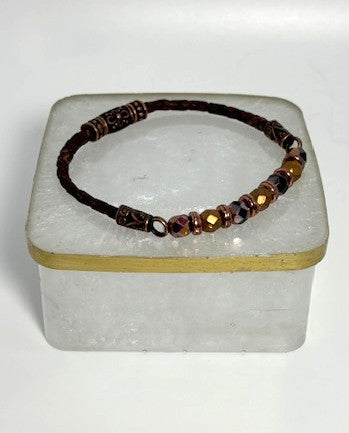 BR-0113 Black & Copper Czech Fire-polish Beads Bracelet with a Brown Leather Band