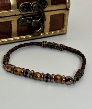 BR-0113 Black & Copper Czech Fire-polish Beads Bracelet with a Brown Leather Band