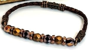 BR-0113 Black & Copper Czech Fire-polish Beads Bracelet with a Brown Leather Band