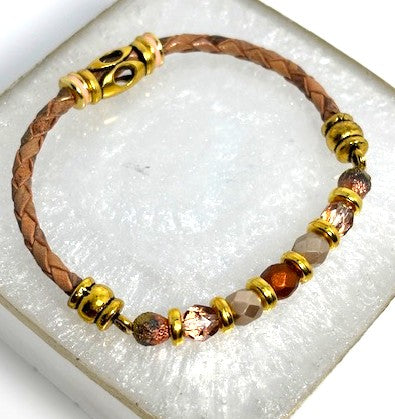 BR-0114 Gold, Tan & Copper Czech Beads with a Tan Mozaic Leather Strap