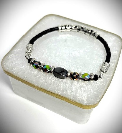 BR-0115 Hematite and Black AB Czech Fire Polish Beads with a Black Leather Strap