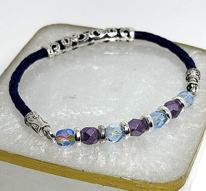 BR-0116 Lavender & Blue Czech Fire Polish Beaded Bracelet on a Royal Blue Leather Strap