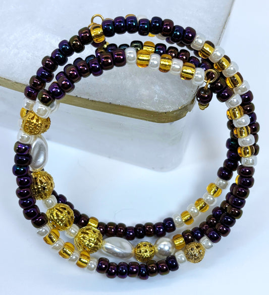 BR-0098 Dark Purple , Pearl and Gold Seed Beads Wrap Bracelet