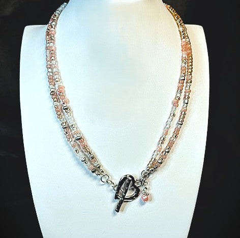 NE-0062 Lovely Silver Heart Toggle Necklace with Captivating Medley of Purple Beads
