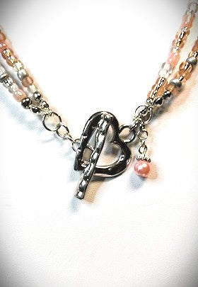 NE-0062-2 Lovely Silver Heart Necklace with Captivating Medley of Blush, Pink, & Silver Beads