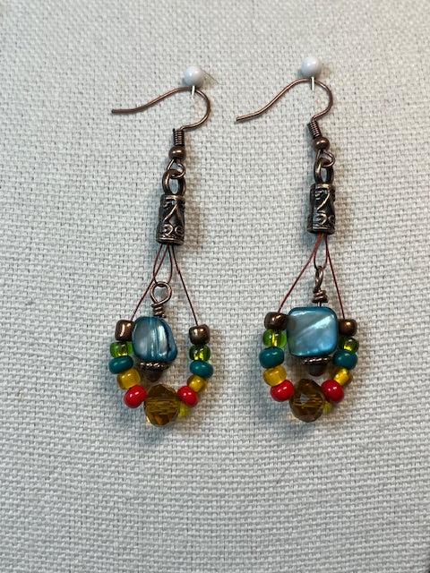 ER-0052 Blue Shell Earrings with Colorful Seed Beads and Copper Accents