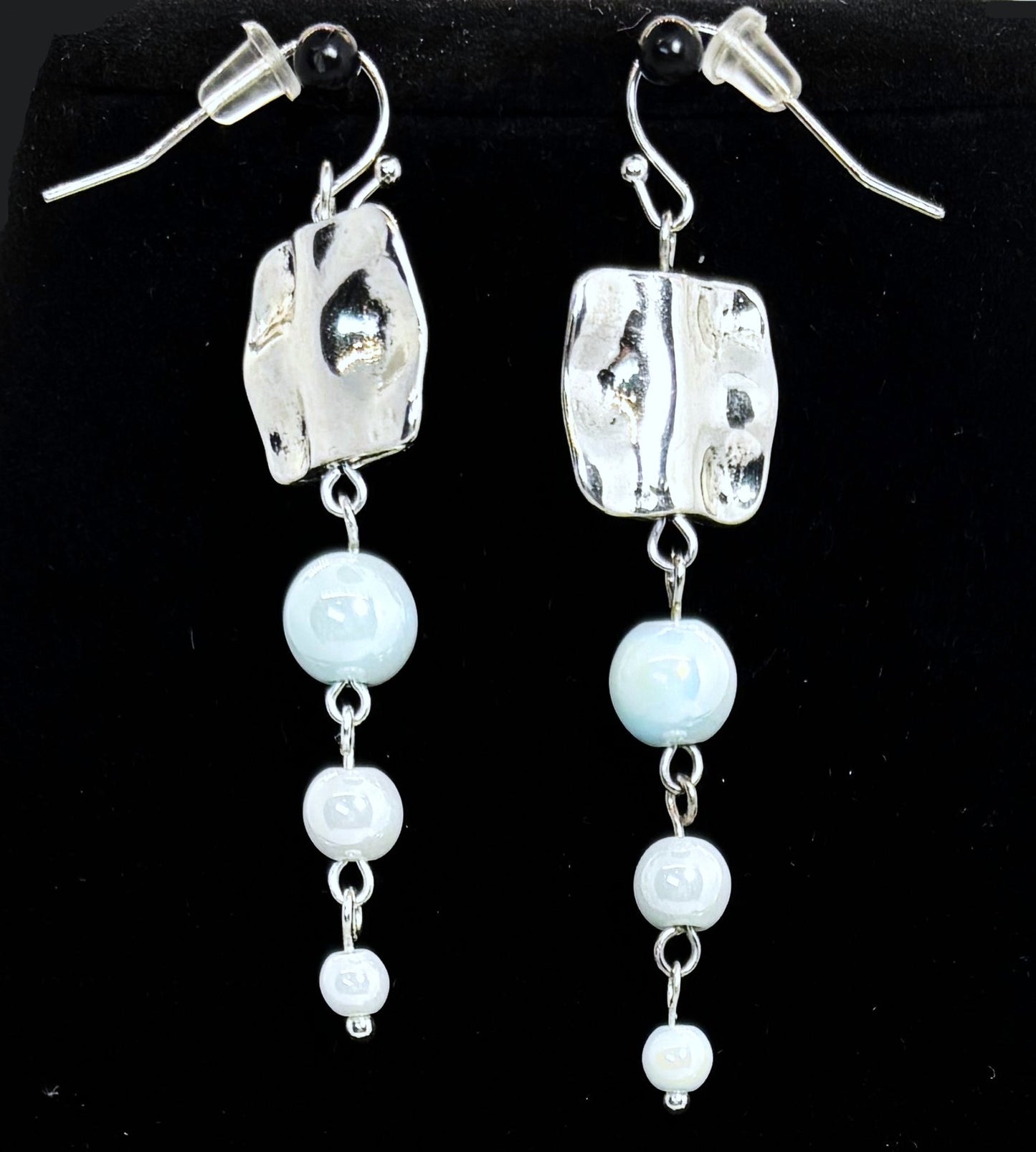 ER-0073 Silver Ruffle and Icy Blue Beaded 3-Tier Earrings