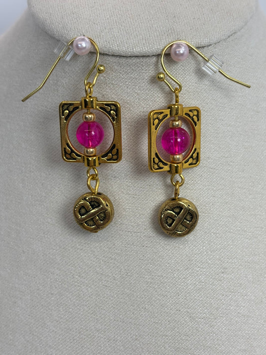 Antique Gold-Framed Fuchsia Earrings