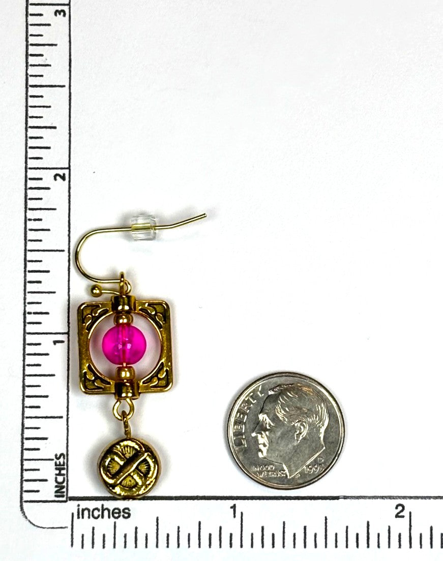 Antique Gold-Framed Fuchsia Earrings