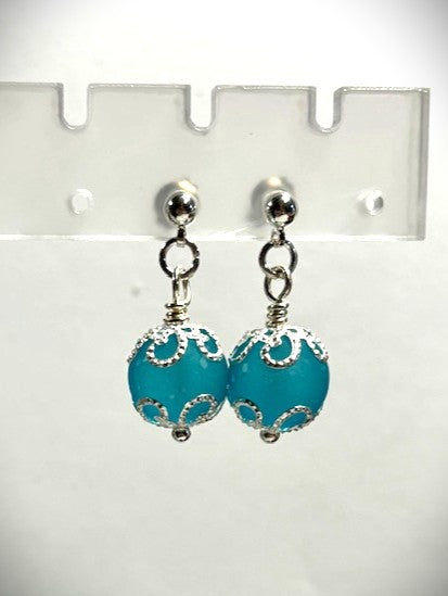 ER-0088 Opaque Matte Blue Sea Glass Dangle Earrings on Posts