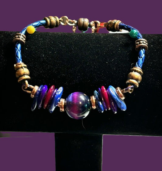 BR-0052 Vibrant Blue, Purple and Magenta Galaxy Tiger Eye & Braided Leather Bracelet