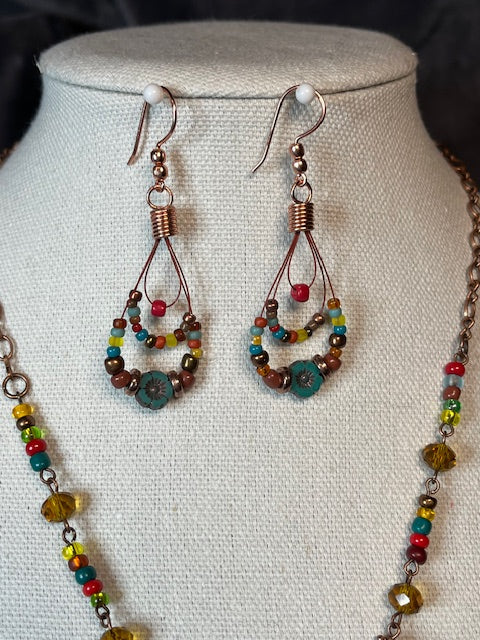 ER-0052 Blue Shell Earrings with Colorful Seed Beads and Copper Accents