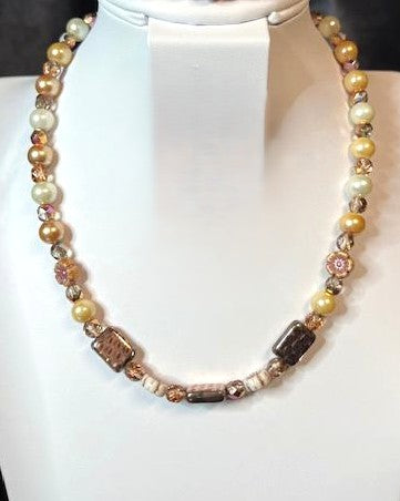 Gold Print Czech Focal Beads Enhanced with Ivory & Gold Pearl Beads