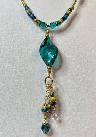 NE-0054  Peacock Teal Blue & Gold Necklace