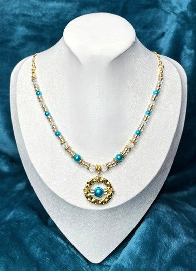 NE-0059 Turquoise Blue Pearl Pendant Embellished with Crystal and Gold Beads