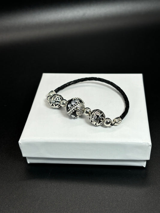 Stylish Black & Silver Clay Bead Bracelet Secured with Black Bolo Leather Strap