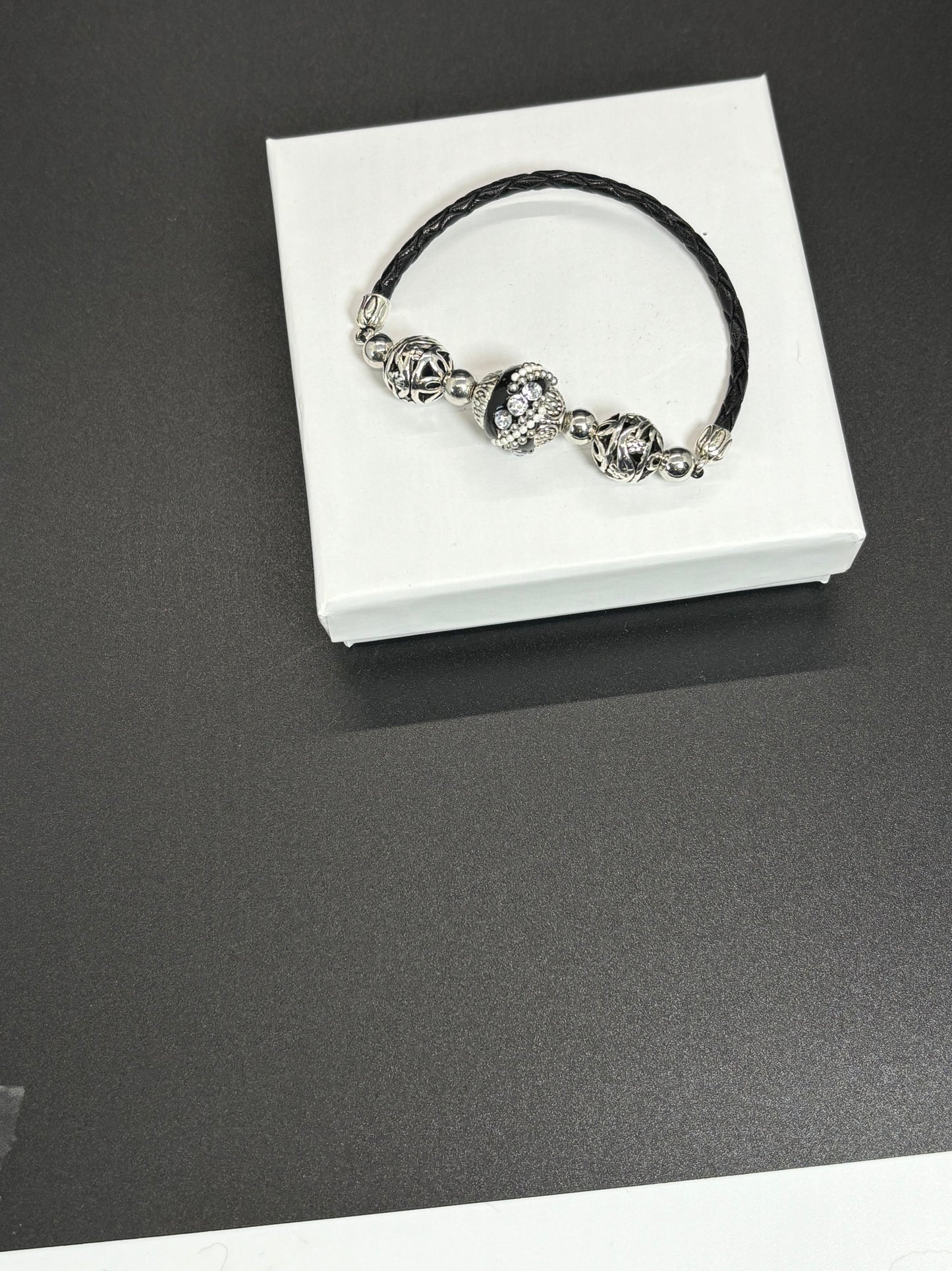 Stylish Black & Silver Clay Bead Bracelet Secured with Black Bolo Leather Strap