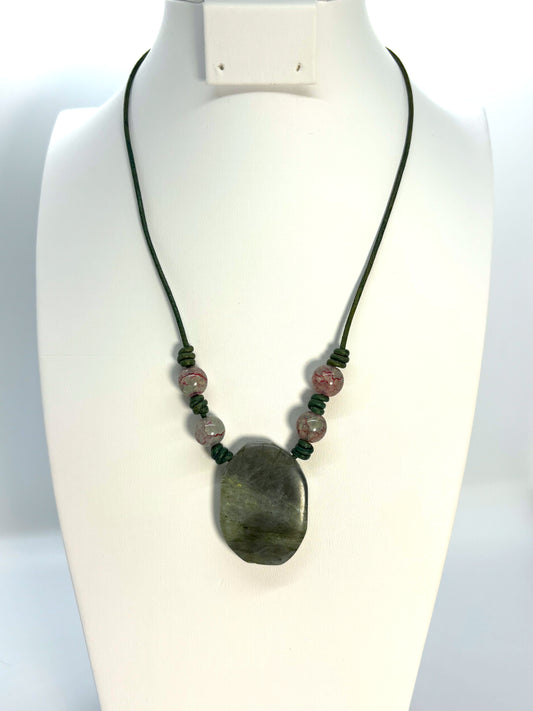 Eye-Catching Raw Labradorite Pendant and Leather Necklace