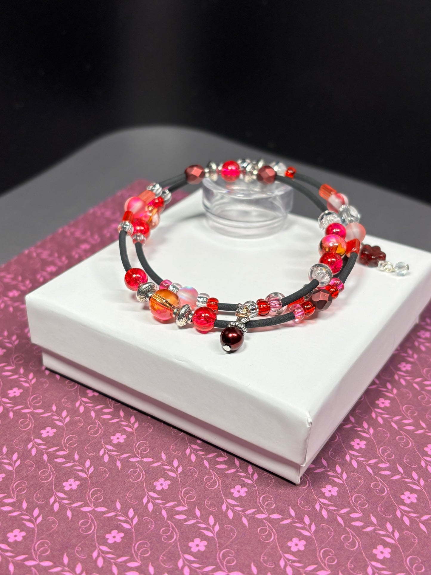 BR-0091 Magenta, Burgundy, Orange, Silver and Black Beaded 2-Ring Wrap Bracelet