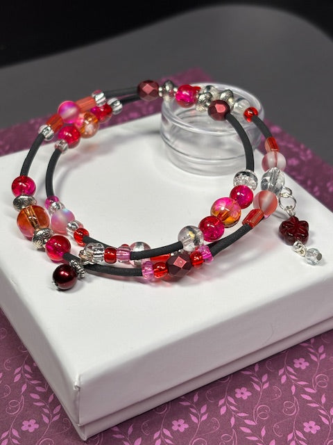 BR-0091 Magenta, Burgundy, Orange, Silver and Black Beaded 2-Ring Wrap Bracelet