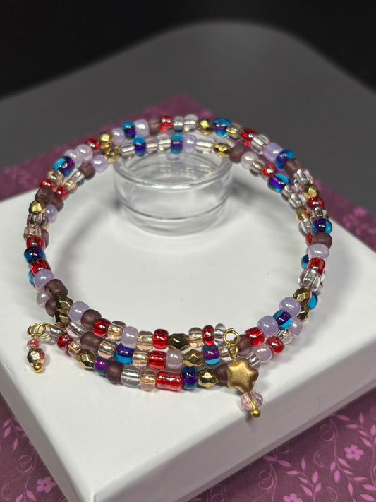 BR-0092 Berry Red, Purple, Blue, Lavender, Plum and Gold Beaded Bracelet