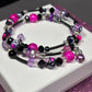 BR-0090 Fuchsia and Black Beaded Memory Wire 2-Ring Wrap Bracelet