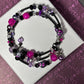 BR-0090 Fuchsia and Black Beaded Memory Wire 2-Ring Wrap Bracelet