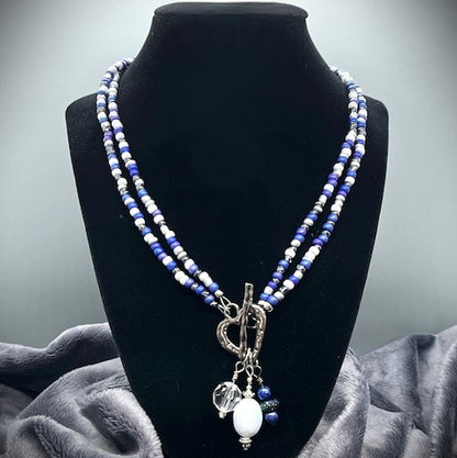NE-0062-3 Medley of Blue, White & Silver Necklace with Silver Heart Focal Piece