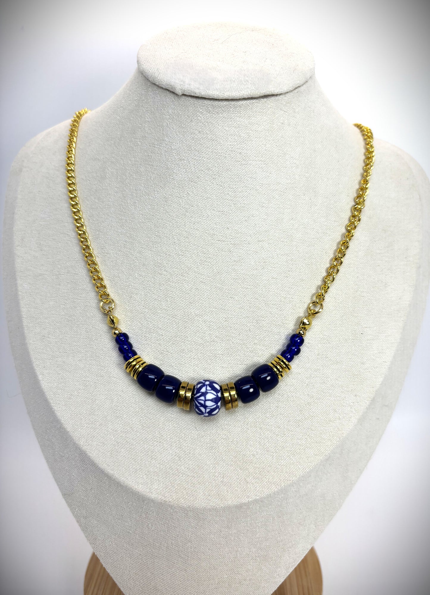 NE-0076 Navy & White Abstract Necklace on Gold-Plated Chain