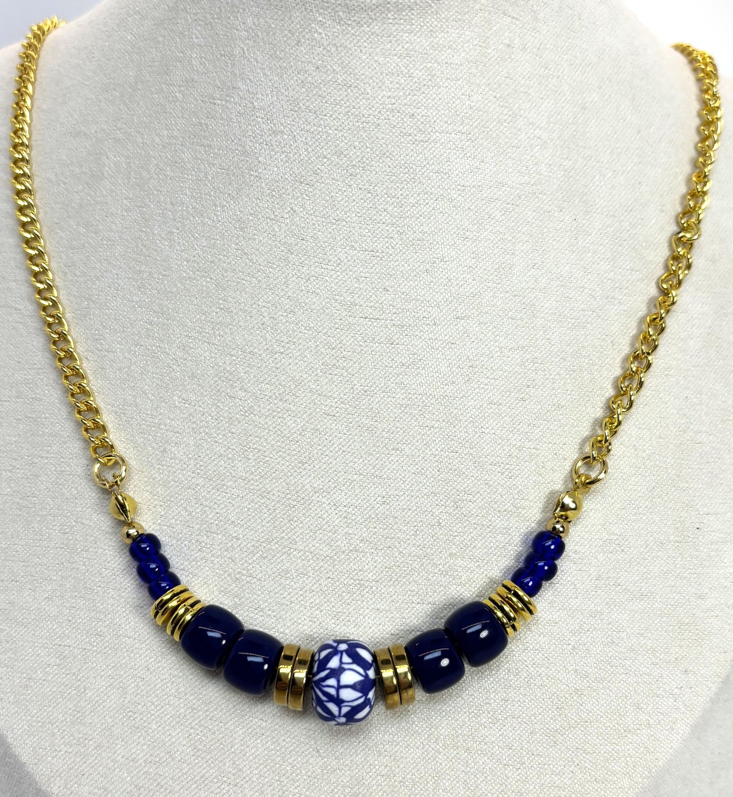 NE-0076 Navy & White Abstract Necklace on Gold-Plated Chain