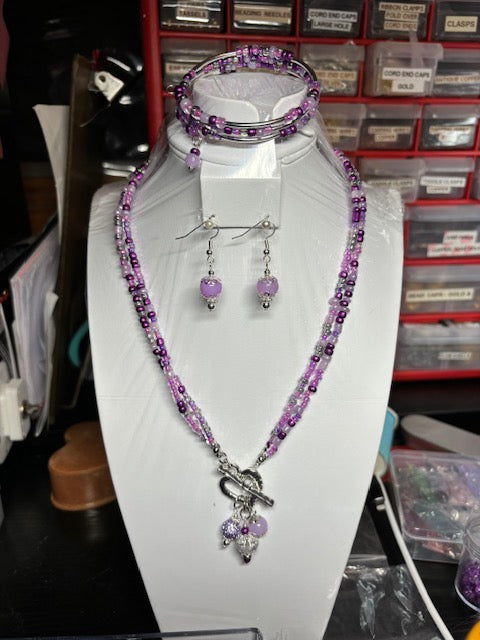 Lovely Silver Heart Toggle Necklace with Purple Medley of Seed Beads